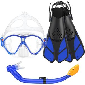 Seovediary Kids Snorkel Set, Mask Fins Snorkeling Gear for Kids Anti-Fog Swim Goggles 180 Panoramic View Dry Top Snorkel and Dive Flippers Combo with Travel Bag for Snorkeling Training Swimming Diving