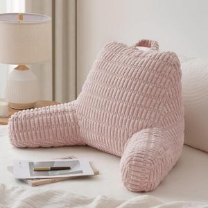 Blissful Diary Reading Pillow, Backrest Pillow with Shredded Memory Foam for Adult & Children, Designed for Bed and Couch Sitting Up, Includes Arms, Pockets and Washable Cover, Pale Pink