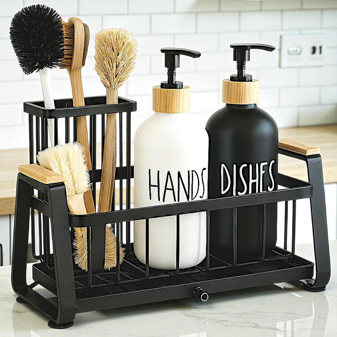 Kitchen Dish Soap Farmhouse Dispenser Set with Sink Caddy, 16OZ Glass Bottle, Hand and Dish Soap Dispenser Set, Non-Slip Silicone Pad, Brush Holder, Black and White