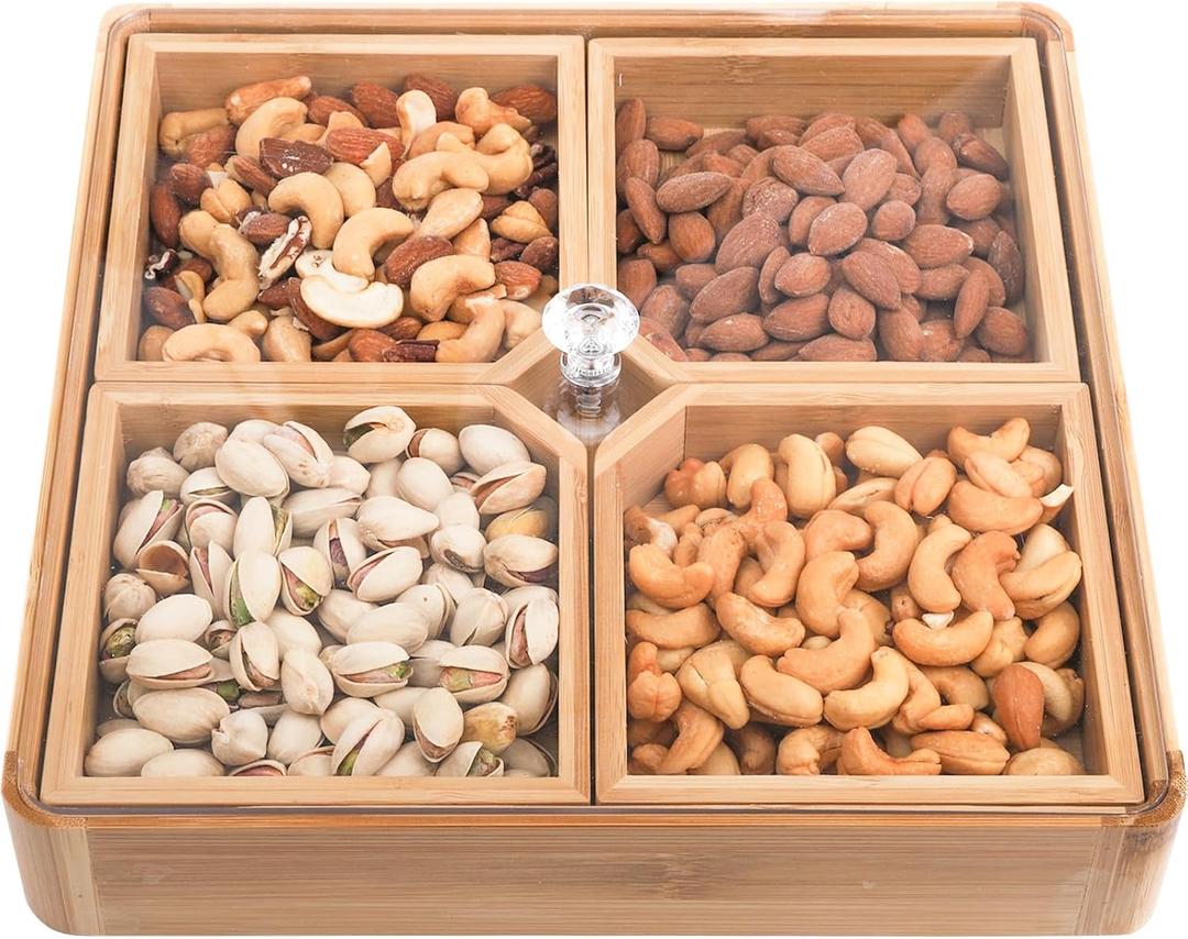 WUWEOT Bamboo Nut and Candy Serving Tray, Party Appetizer Platter Veggie Dish, Candy Bowl with Acrylic Lid & Removable Dividers for Party, Taco Dip Parties Platters & Chip Bowls, Brown