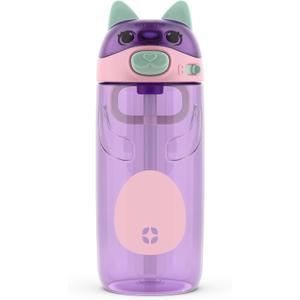Ello Ellies 16oz Plastic Kids Water Bottle with Straw and Built-in Carrying Handle and Leak-Proof Locking Lid for School backpack, Lunchbox and Outdoor Sports, Cat