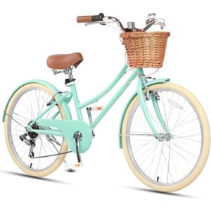 Glerc 24" Girls Cruiser Bike 6-Speed Cruiser Women's Hybird Bicycle for Ages 7 8 9 10 11 Years Old with Wicker Basket. Lightweight Frame and Fork, Mint Green