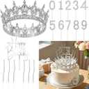 Quelay 13 Pcs Happy Birthday Cake Topper Decorations Set Queen Crown Rhinestone Princess Tiara Cake Topper Numbers Candles 0-9 Happy Birthday Decor for Women Wedding Anniversary Party Supplies(Silver)