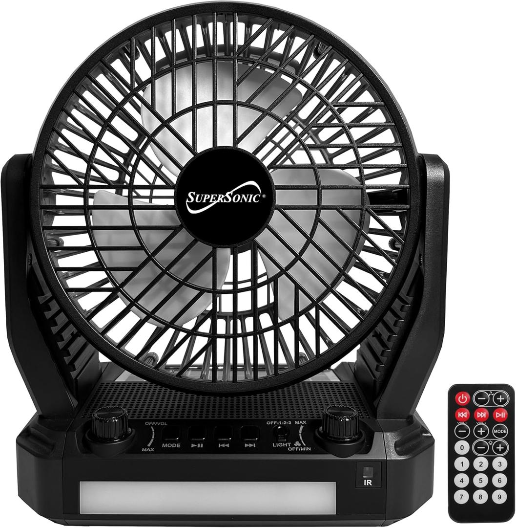 Supersonic SC-1076ERF Solar Powered Portable Fan with 6-Inch Fan Diameter, Adjustable 3 Wind Speed, Foldable Hanger Hook, LED Flashlight, Bluetooth, FM Radio, AUXUSB/mSD Inputs
