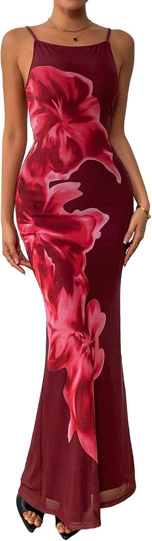 PRETTYGARDEN Womens Summer Dresses 2026 Elegant Spaghetti Straps Evening Gown Floral Print Bodycon Maxi Mesh Sundress (Red, XS)