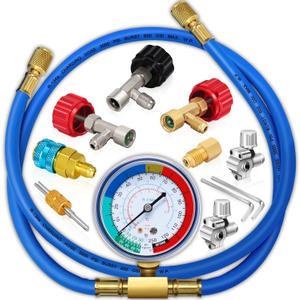 Boltigen R134a Refrigerant Recharging Hose with Gauge, A/C R134A Refrigerator Freon Recharge Kit with Bullet Piercing Valves, R134a R12 R22 Can Tap Valves, R134a Quick Coupler