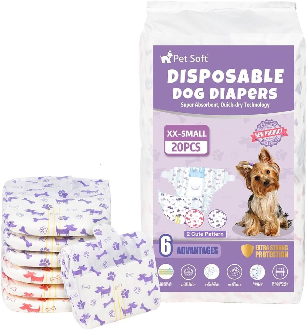 Pet Soft Female Dog Diapers - Disposable Doggie Diapers with Wetness Indicator, Puppy & Cat Diapers Super Absorbent, Fit for Female Dog in Heat or Incontinence, 20pcs (XXS, Mixed) (XX-Small)
