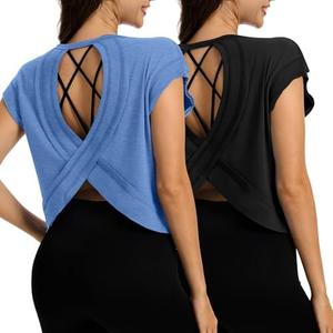 Simlakey 2 Pack Women's Open Back Workout Tops Short Sleeve Backless Athletic Shirts Loose Fit Crop Tops Running Gym Yoga Tee L