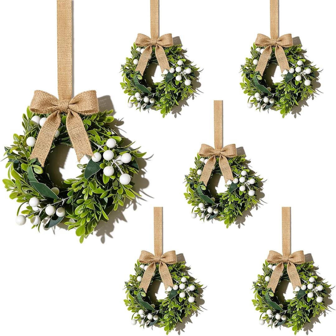 6 Pcs Small Boxwood Hanging Wreaths for Cabinets Artificial Greenery Mini Candle Ring Wreath with White Berries and Burlap Bow Ribbon for Home Kitchen Front Door Window Wall Wedding Farmhouse Decor