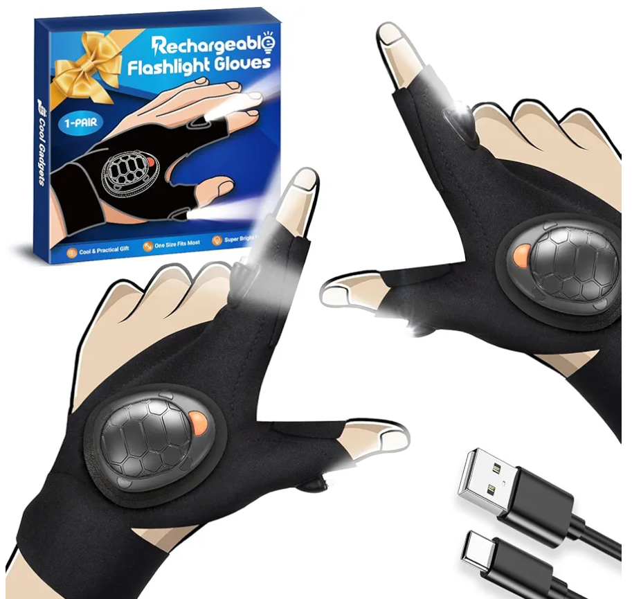 PARIGO Flashlight Gloves for Men Rechargeable (1 Pair) Stocking Stuffers for Men Dad Him Husband Teen Boys, Christmas Birthday Gifts Cool Gadgets Led Gloves for Fishing Camping Repairing