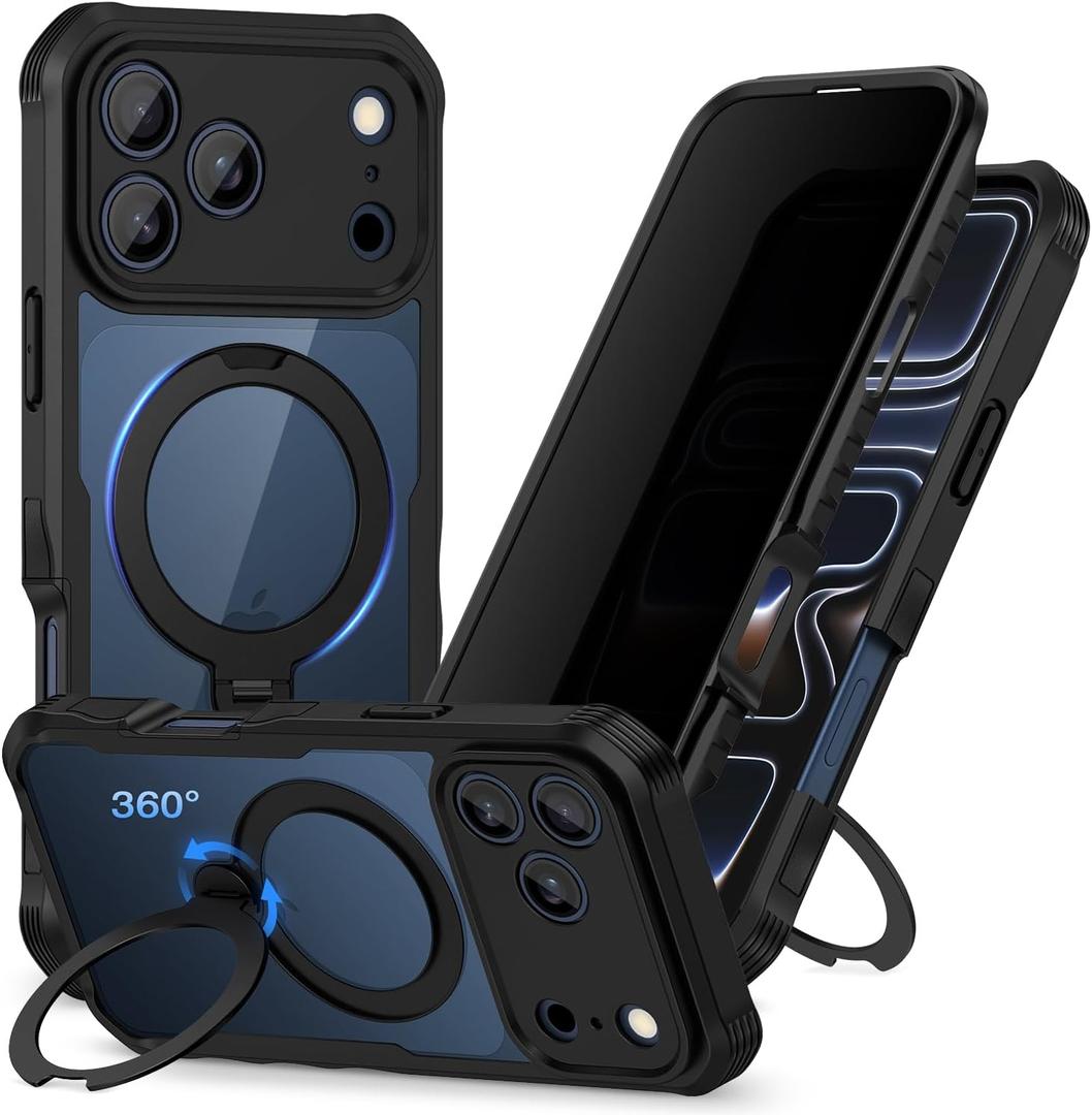 Privacy Case for iPhone 17 Pro Max Case with Stand, Compatible with MagSafe, Full-Body Phone Case with Built-in 9H Tempered Glass Privacy Screen Protector and 360 Rotating Magnetic Stand Ring -Black