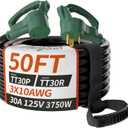 PlugSaf 50 FT 30 Amp RV Extension Cord Outdoor with Grip Handle, Flexible Heavy Duty 10/3 Gauge STW RV Power Cord Waterproof with Cable Organizer, NEMA TT-30P to TT-30R, Black-Green, ETL Listed