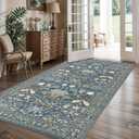 4x8 Washable Kitchen Area Rug: Farmhouse Stain-Resistant Elegant Floral Rug for Living Room Bedroom Wide Soft Carpet for Entryway Bathroom Thin Hallway Floor Mat with Non Slip Backing(4x8,Floral/Blue)