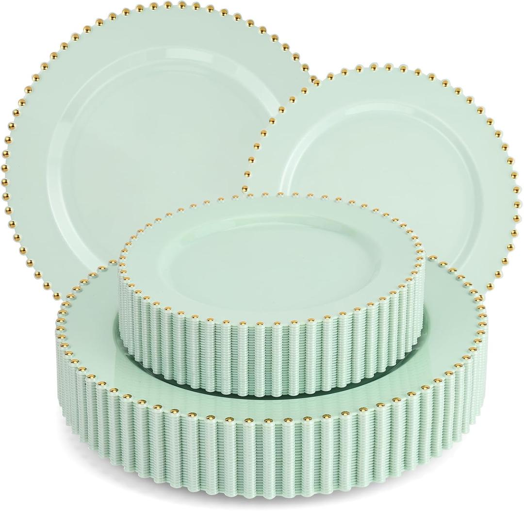 EI 60pcs Green Plastic Plates with Gold Rim,Disposable Heavy Duty Sage Green and Gold 10" Dinner & 7" Dessert Plastic Plate for Birthday,Afternoon Tea,Wedding,Spring,Valentine's Day,Easter