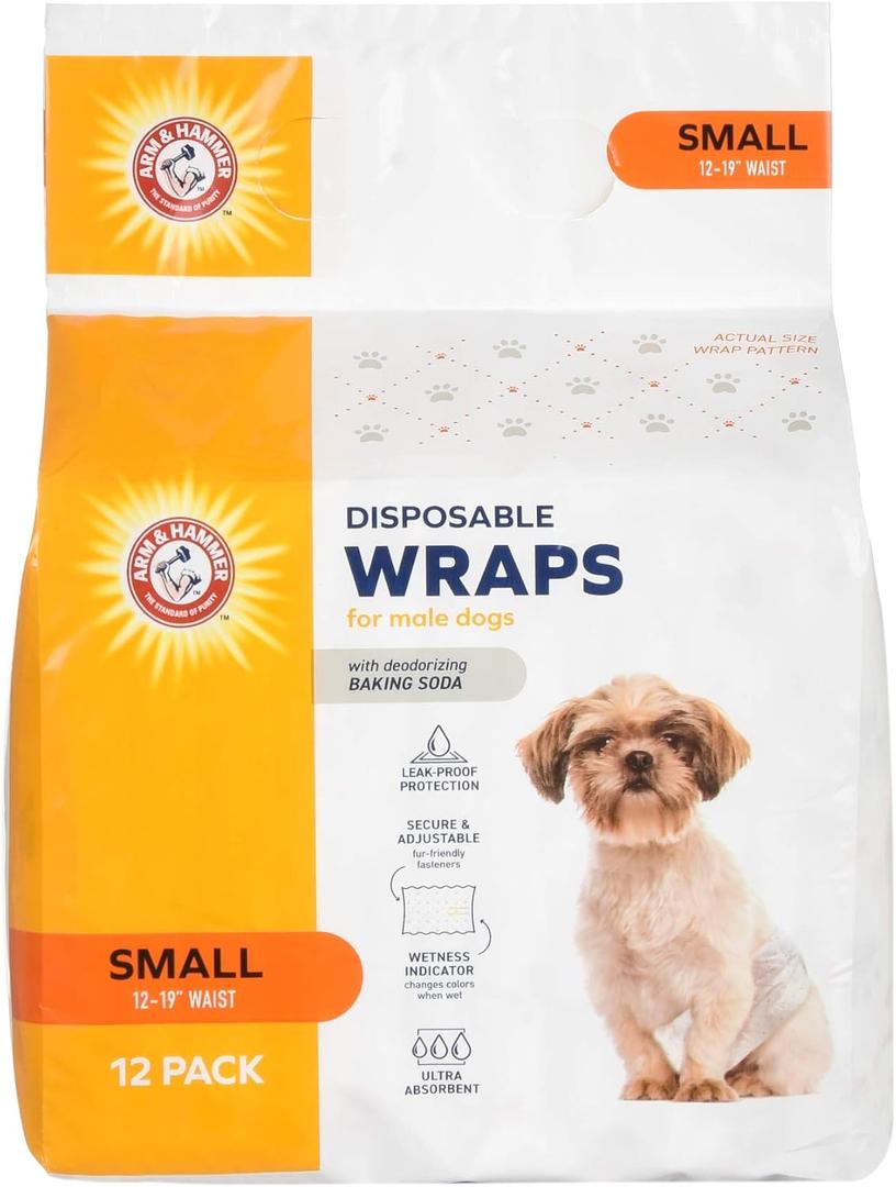 Arm & Hammer Small Male Dog Wraps, Disposable Belly Band Diapers with Baking Soda Odor Control, Super Absorbent Leak Resistant Design for Marking and Incontinence, 12-19 Inch Waist, 12 Count, Small