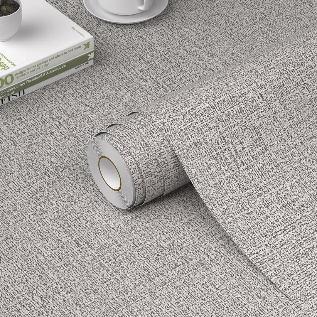 WADILE Grasscloth Peel and Stick Wallpaper 15.7in x 787.4in, Textured Contact Paper for Cabinets, Faux Linen Wall Paper Pull and Stick, Fabric Vinyl Wallpaper Self Adhesive Light Gray