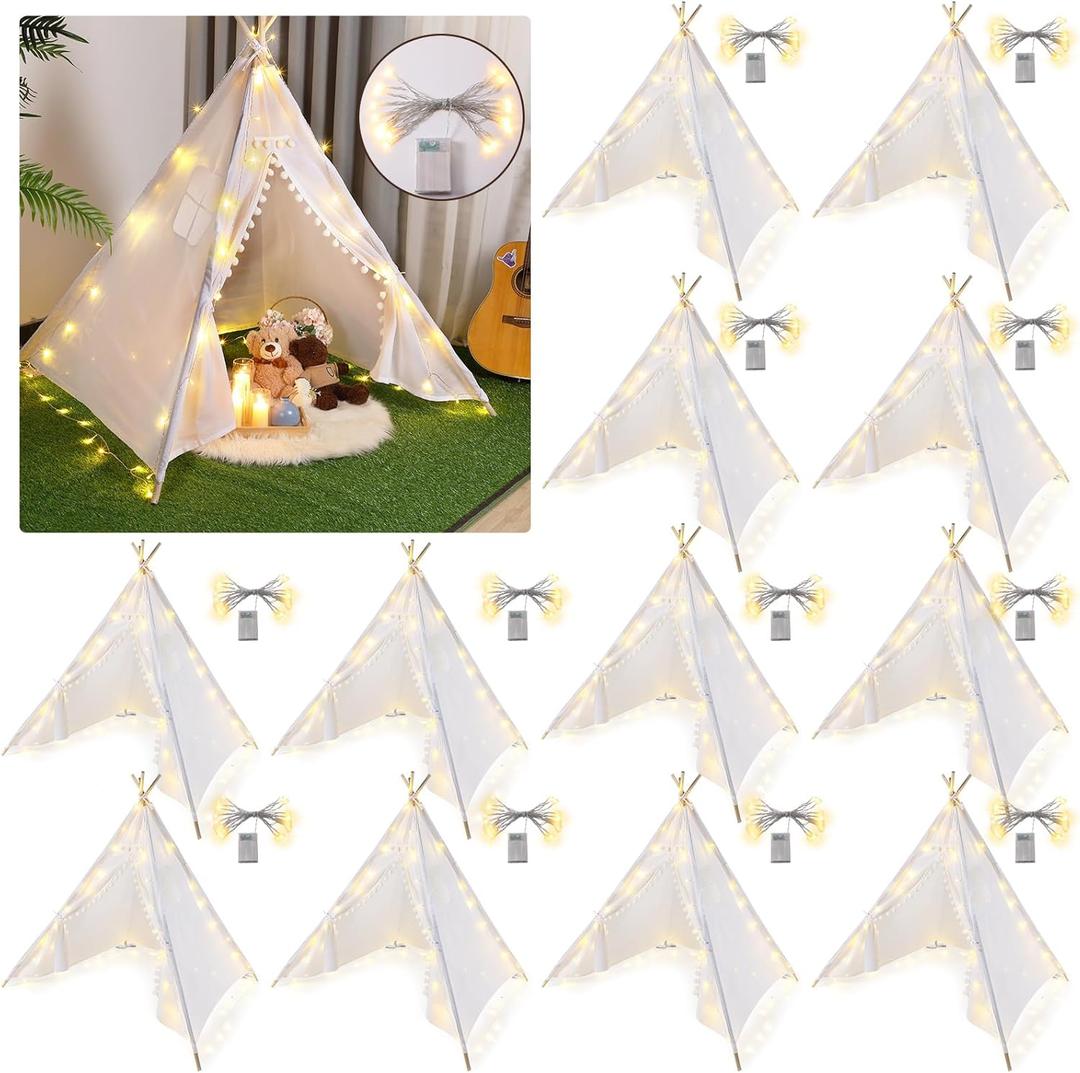 Windyun 12 Packs Kids Teepee Tent with Lights, Foldable Washable Tipi Play Boho for Indoor Outdoor Games for Girls Boys Sleepovers Birthday Slumber Party