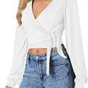 LYANER Women's Wrap V Neck Self Tie Knot Bishop Long Sleeve Ribbed Knit Crop Blouse T-Shirt Top (White, S)