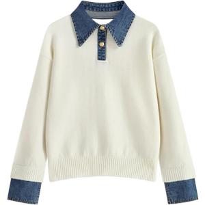 Womens Denim Lapel Sweater Oversized Long Sleeve Button Down Polo Knit Pullover Sweaters 2025 Fall Outfits (Large, White)