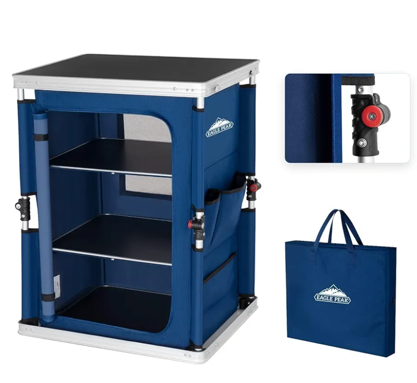 EAGLE PEAK Outdoor Folding Camping Table with Large 3-Tier Storage Organizer and Side Pockets, Easy Set Up Portable Aluminum Camping Kitchen, Blue, Size: 18.9 x 23.6 x 31.5 IN