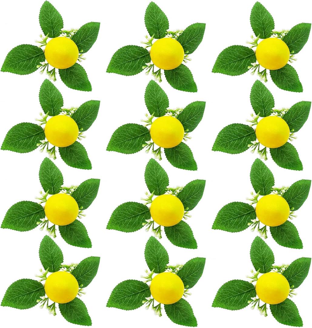 Lemon Napkin Rings Set of 12 Spring Farmhouse Napkin Rings Bulk for Dinning Table Decoration, Rustic Lemon Leaf Napkin Ring Holders for Party Gathering Banquet Wedding Birthday (Lemon)