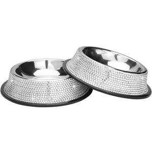 SAVORI Bling Dog Bowls White, 640ML Handmade Bling Rhinestones Stainless Steel Pet Bowls Double Food Water Feeder for Puppy Cats Dogs - Set of 2 (Silver)