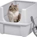 IRIS USA Large Cat Litter Box with Scatter Shield and Scoop, Open Top High Sided Cat Litter Pan, Silver