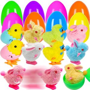 8 Pack Jumbo Easter Eggs Filled with Wind-Up Toys, Plush Chicks and Bunnies, Prefilled Easter Eggs for Kids Easter Hunt, Basket Stuffers, Party Favors and Classroom Prizes