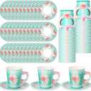 Zopeal 100 Pcs Disposable Tea Party Decorations 9 oz Floral Paper Cup with Handle and Saucer Set for Mother Day Wedding Birthday Spring Princess Blossom Party Baby Shower Supplies(Light Blue)