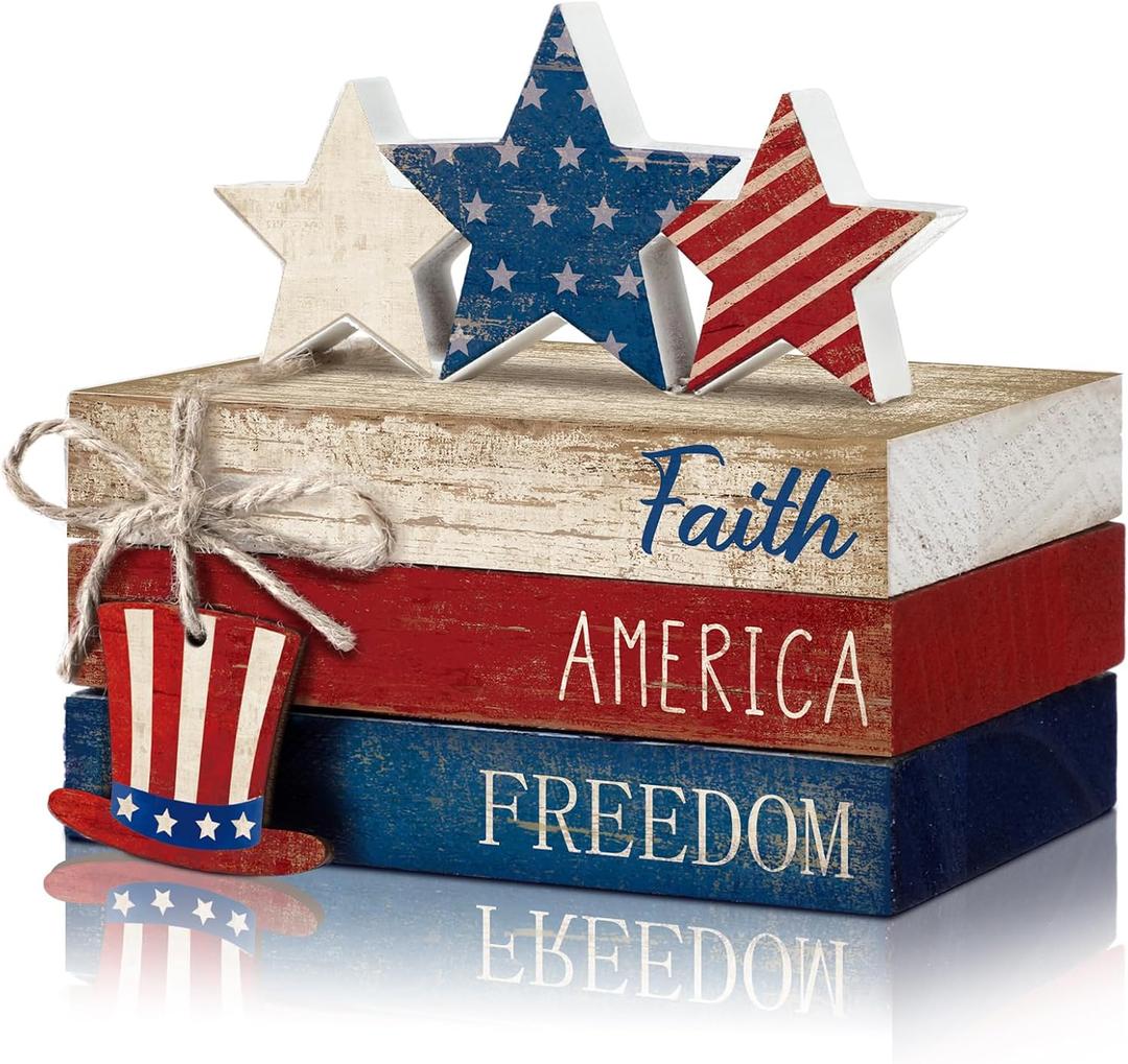 4 Pcs 4th of July Decorations Patriotic Tiered Tray Decorations Signs Rustic Memorial Day Decor Book Block Sign for 250th Anniversary Farmhouse Table Home Tabletop Shelf(Hat)