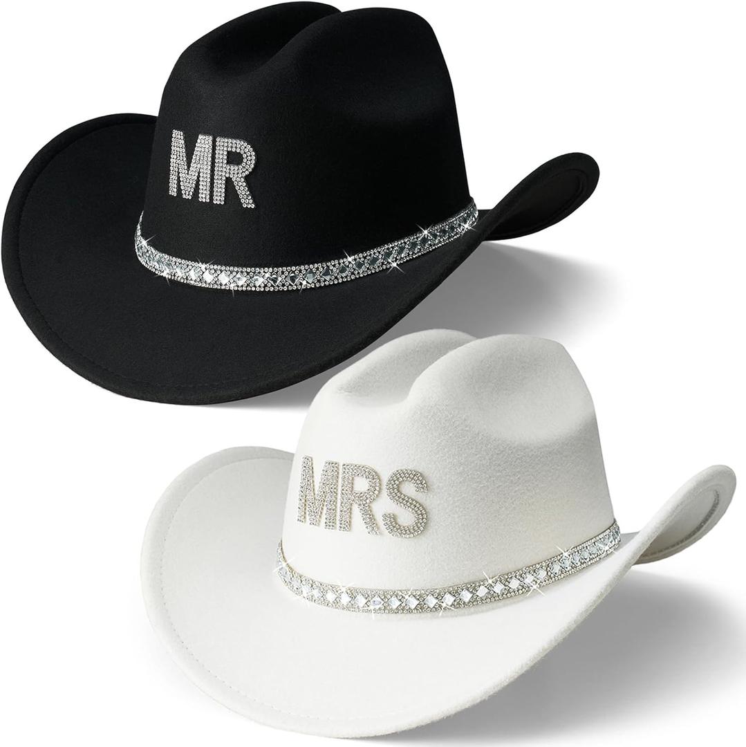 AW BRIDAL Engagement Bridal Shower Wedding Gifts for Newlyweds Couples 2025, Anniversary Rhinestone Mr and Mrs Cowboy Hats for Women Men, Western Groom Bride Cowgirl Hat for Honeymoon Party (2 Pcs)