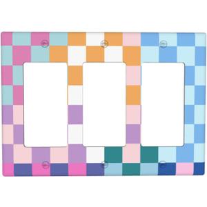 Colorful Retro Checkered Wall Plate Decorative 3 Gang Triple Rocker Pretty Rainbow Geometric Light Switch Cover Electrical Receptacle Faceplate for Girls Bedroom Home Bathroom