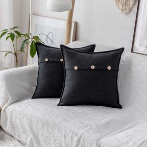 Home Brilliant Black Throw Pillow Covers 60x60 Euro Pillows Cover Decorative Button Linen Large Square Pillowcases, Set of 2, 24x24, Black