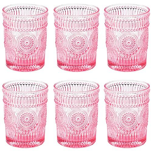 Romantic Water Glasses-10.5 OZ Pink Vintage Drinking Glasses Tumblers for Whisky, Beer, Juice, Beverages, Cocktail (6 PCS Pink)