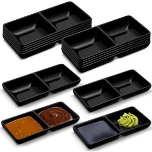 Gejoy 12 Pcs Dual Dipping Sauce Bowls Soy Sauce Dish Bowls Two Compartments Party Trays Divided Fondue Plates for Restaurant Kitchen Sushi Soy (Black)