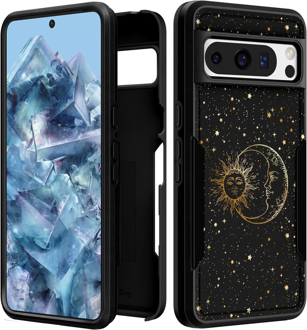 for Google Pixel 8 Pro Case Women - Cute Girls Cover Girly Kawaii Aesthetic Unique Design Sun and Moon Heavy Duty Protective Shockproof Military Grade Teens for Google Pixel 8 Pro Phone Cases