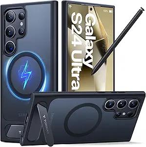 TORRAS Strong Magnetic & Seamless Stand for Samsung Galaxy S24 Ultra Case, Fit for MagSafe, MilGrade Drop Protection, Kickstand for Samsung Galaxy S24 Ultra Case, Translucent Back/Black Edge