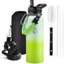 Insulated Water Bottle 40 oz, Triple Wall Vacuum Stainless Steel (Cold for 48 Hrs), Leak Proof & Non-BPA, Modern Water Flask Jug with Paracord Handle & Straw Spout Lids, Ombre Green