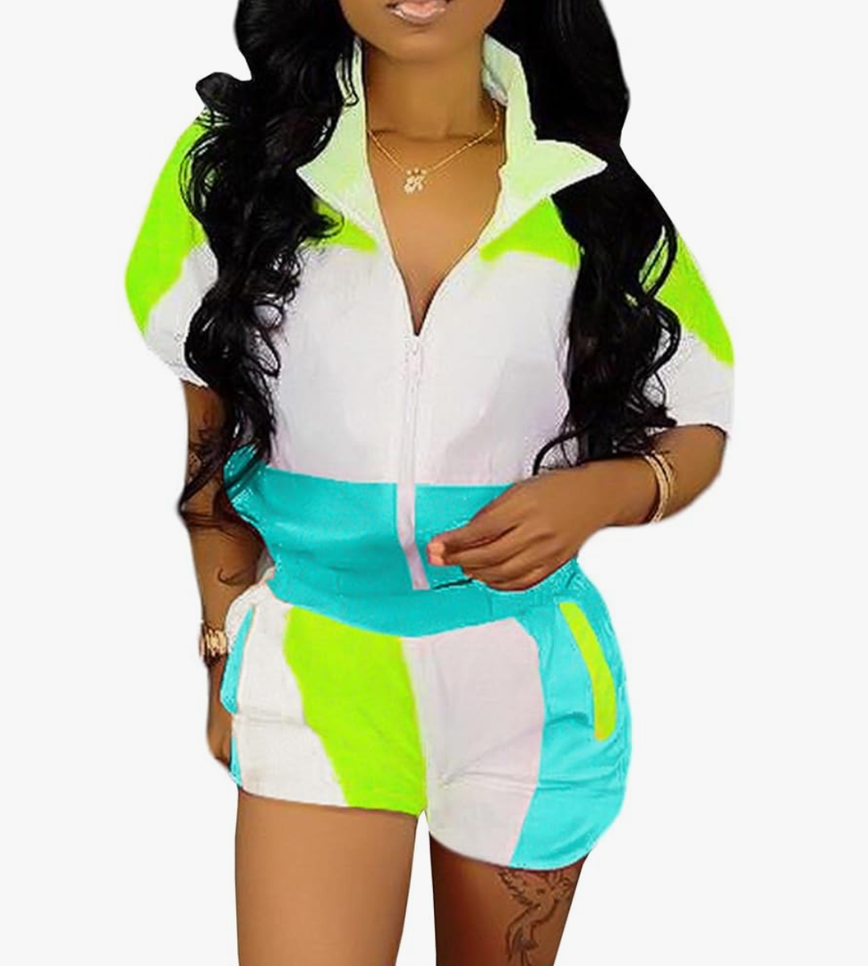 Raboolion Women's 2 Piece Outfits Tracksuit Jumpsuits Color Block Lightweight Windbreaker Jacket Crop Top Shorts Pants Set XL