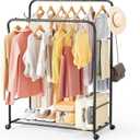 TigerParty Double Rods Clothes Rack for Hanging Clothes, Rolling Clothing Rack with Wheels, 6 Side Bars Freestanding Garment Racks for Bedroom Laundry Living Room