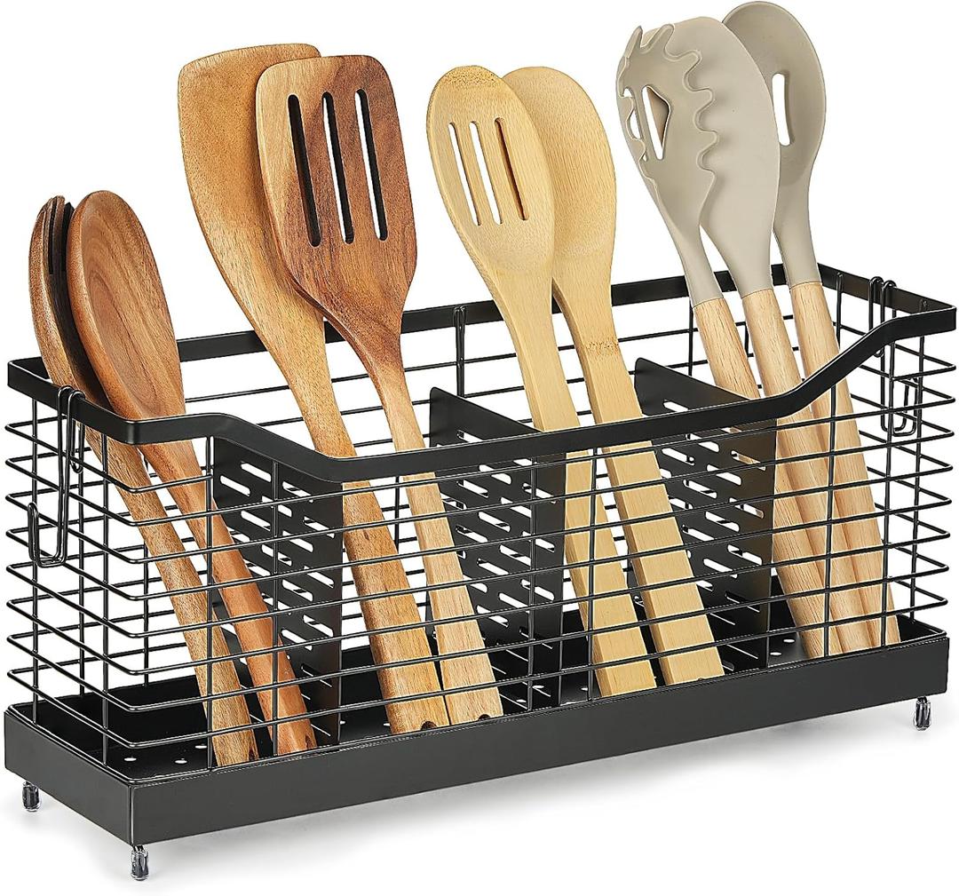 Utensil Holder for Kitchen Counter, Large Stainless Steel Cooking Organizer with 4 Compartments for Kitchen Countertop, Silverware, Forks, Knives, Spoons, Cooking Tools, Cutlery Storage Rack (4 Grids (15.7"L x 4.3"W x 7.4"H))