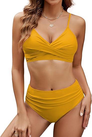 Edelqual Women's High Waisted Bikini Sets Two Piece Swimsuit Tummy Control Bathing Suit V Neck Swimwear 2025 Swim Suit M