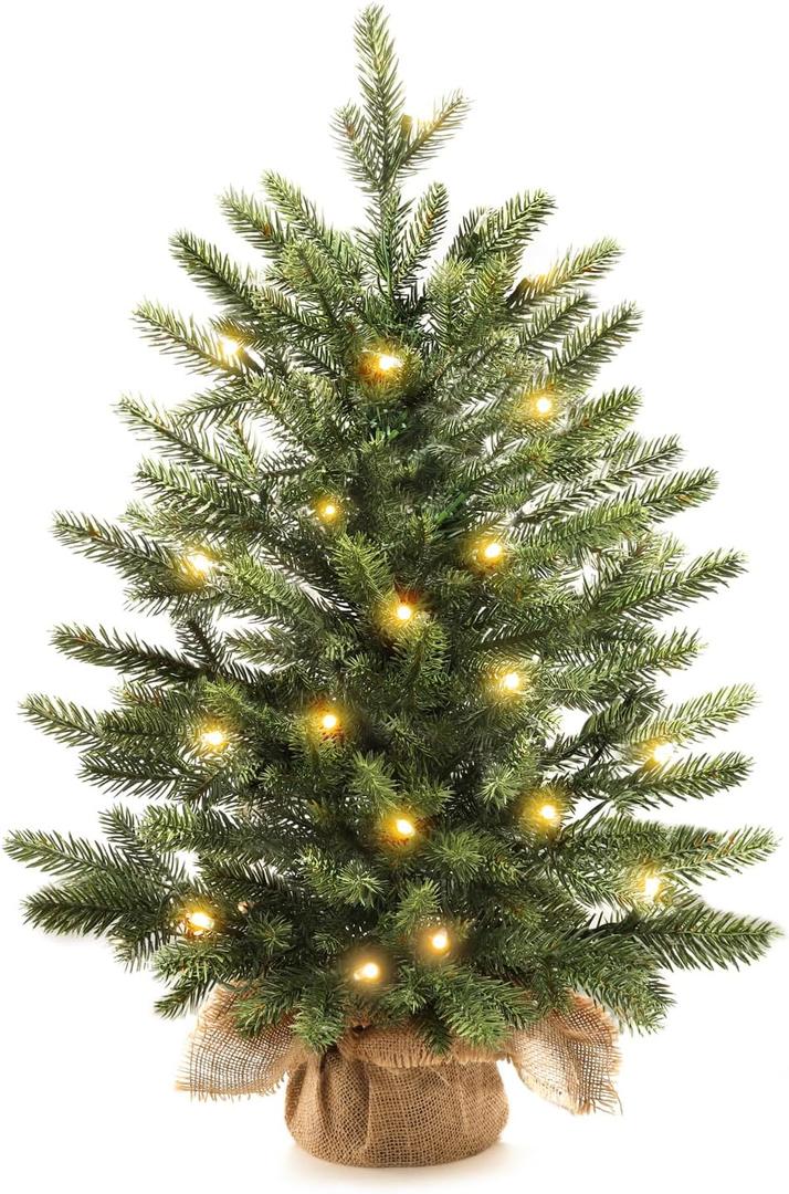 Mini Christmas Trees 24" with 25 LED Lights, 2 ft Decorated Burlap Artificial Tabletop Christmas Trees Home Party Decoration for Kitchen Dining Room Window (Green)