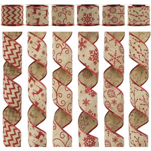 MEEDEE Christmas Ribbon Set - Wired Burlap 2.5 Inch 6 Rolls 36 Yards Red Glitter for Tree Garland, Wreaths, Tree Topper, Bow Making