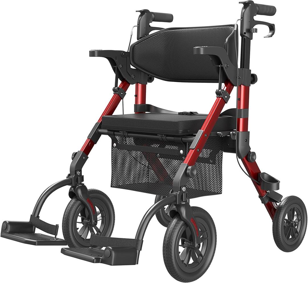 VOCIC Walkers for Seniors, Wheelchairs for Adults, Rollator Walker with Seat, 2 in 1 Rollator Transport Chair with Brakes, Rollator Lightweight Foldable, Walker Wheelchair Combo (Gloria Red)