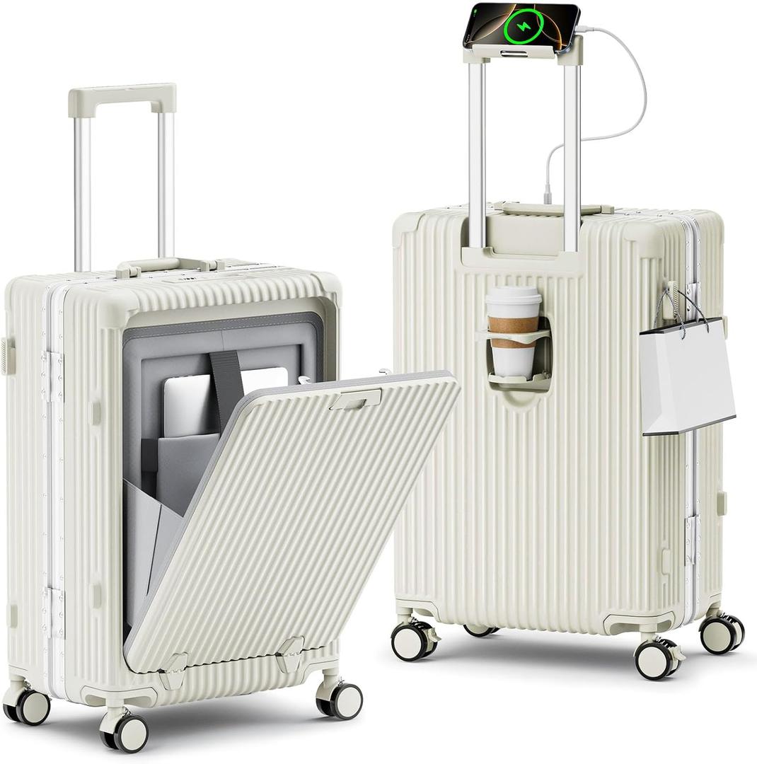 20 Inch Aluminum Frame Carry On Luggage with Front Pocket, USB Port, Phone Holder & Cup Holder, Hard Shell Spinner Suitcase for Airplane Travel, White