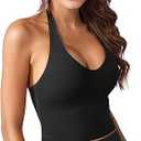 Women's Halter Crop Top V Neck Workout Going Out Tank Top Hazel Padded Sleeveless Backless Trendy Summer Camisole S