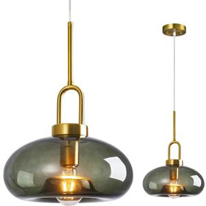 Gray Green Glass Pendant Lights Kitchen Island Gold Pendant Light Fixtures Adjustable Height Modern Pendant Lighting for Bedroom Dining Room (1-Pack)