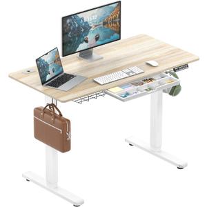 SHW 48-Inch Electric Height Adjustable Standing Desk with Drawer, Memory Preset and Cable Management Tray, Maple