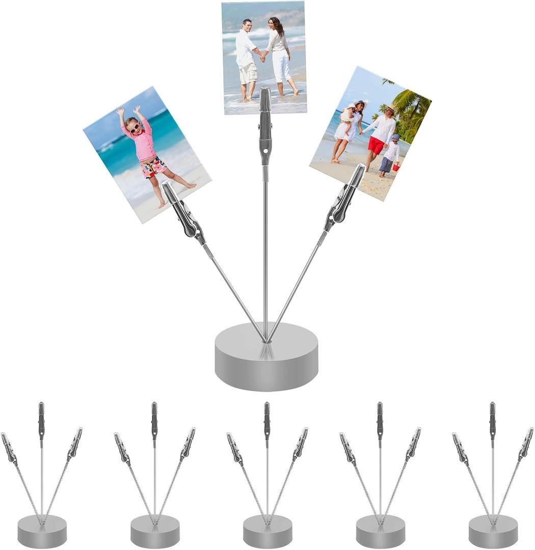 6 Pack Desktop Photo Tree Holder Clip Round Base, 3-Branch Card Holder with Clips, Memo and Picture Display Clip Holder Stand for Wedding Party Photo Clip Holder Table Numbers Silver